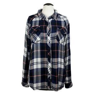 Women's Rails Navy Plaid Button Down Shirt Long Sleeve Tencel Lined Casual Top L